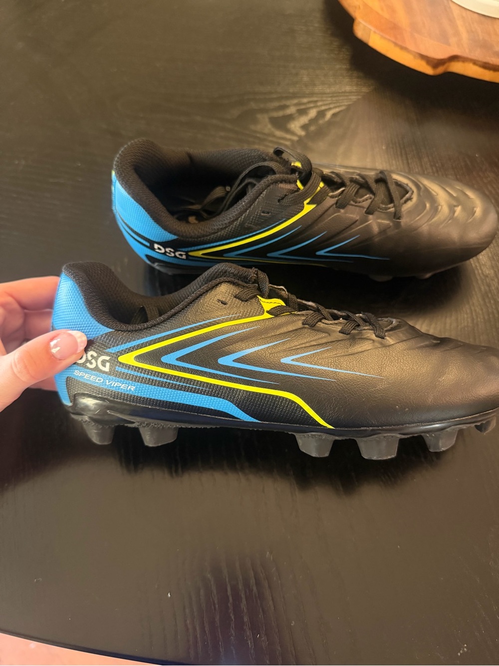 DSG Speed Viper kids Black Soccer Cleats with Blue & Yellow Accents